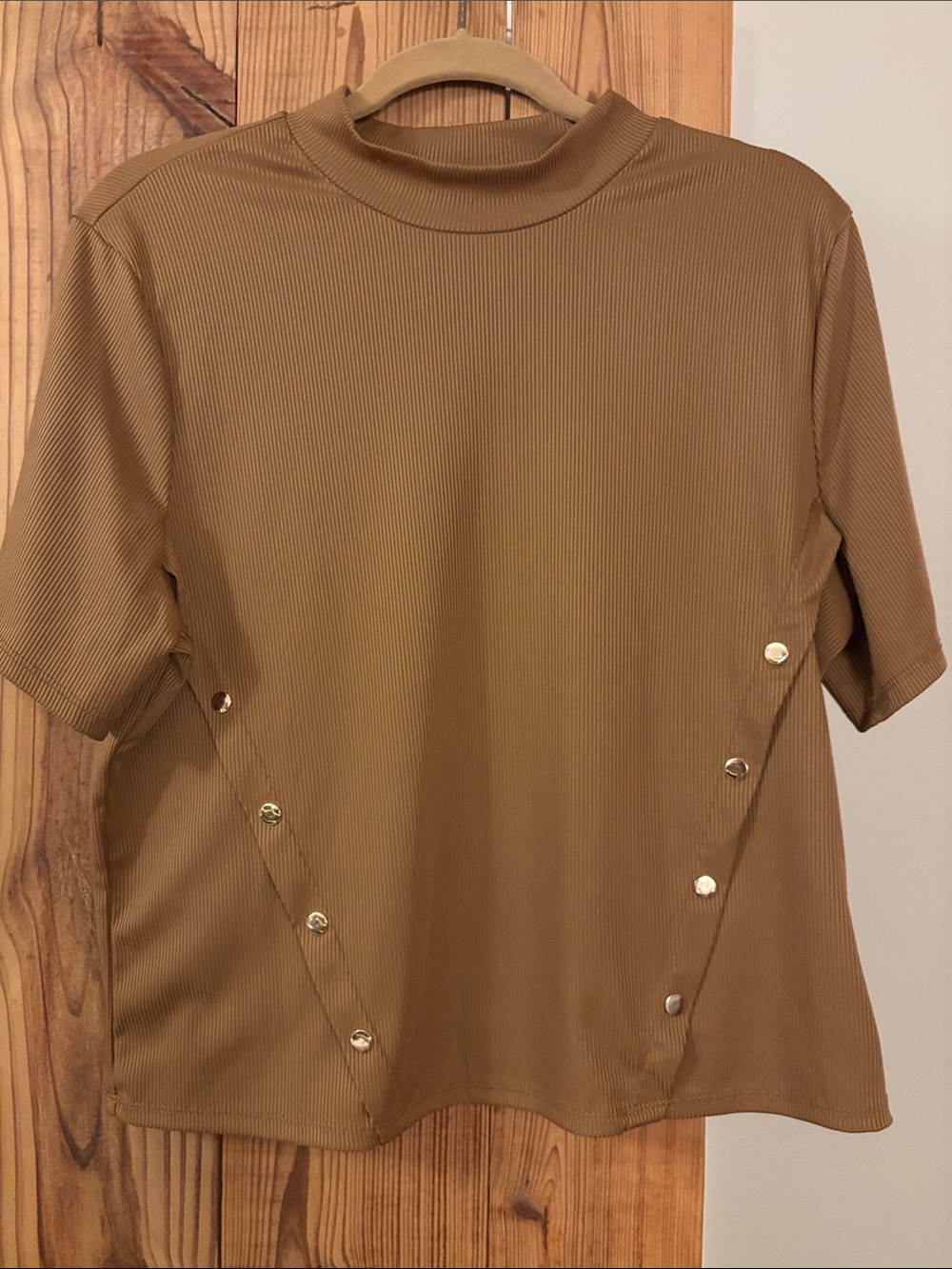 iris Mock Neck Short Sleeve Top in Caramel with Gold Button